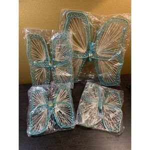 Vintage Straw String Boho Teal Butterfly Set Of 4 MCM Philippines Made